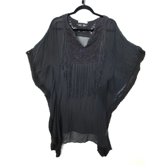 Monoreno Other - Monoreno Size Small Gray Sheer Fringe Tunic Top Swimsuit Cover-Up Boho Festival